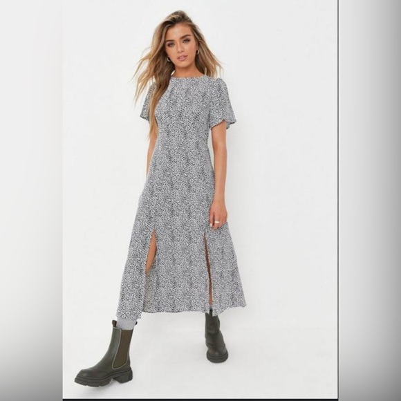 MISSGUIDED Flutter Sleeve Dalmatian Print Midi Dress, Size 14; NWT - Picture 1 of 16